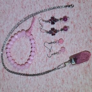 Hot Pink Quartz, Abalone, & Glass Bead Jewelry Set